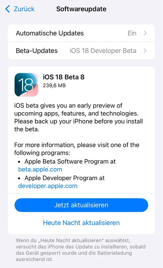 大连苹果手机维修分享苹果 iOS / iPadOS 18 开发者预览版 Beta 8 发布 